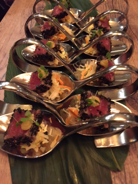 Black sesame seared yellow fin tuna with coriander and miso.