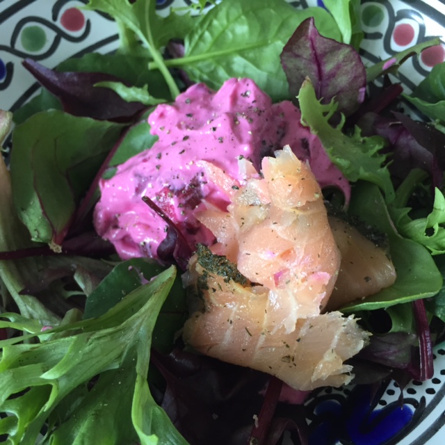 Fresh spring leaves with smoked salad and beetroot tzatziki.