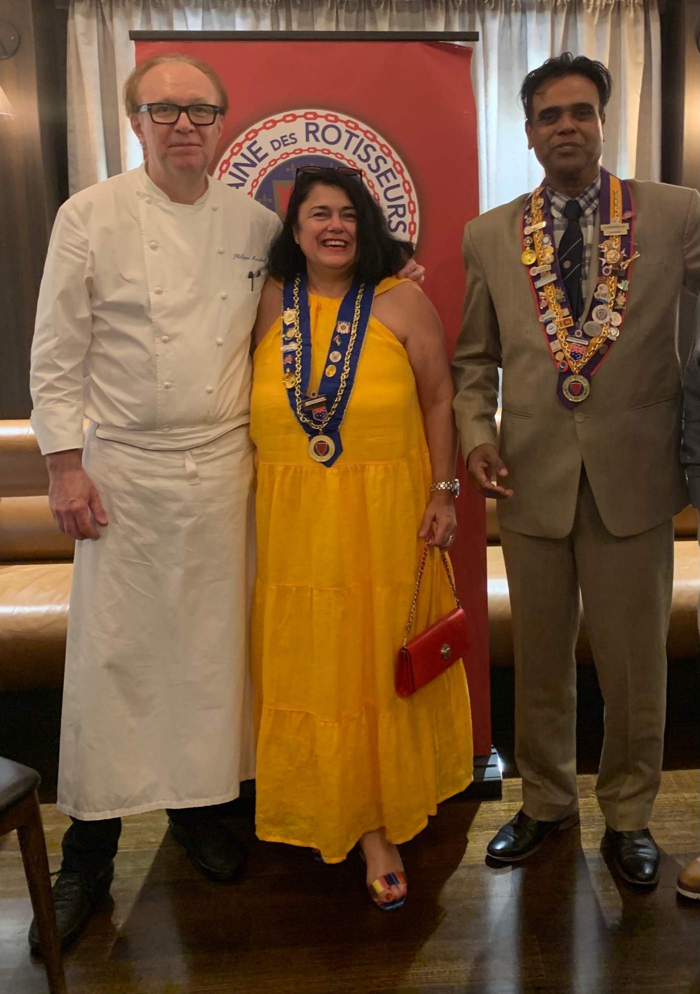 L to R, Philippe Mouchel - Executive Chef & Owner , Petra Harmer-Shrowder - National Chargee de Presse La Chaine des Rotisseurs, Daman Shrivistav, Vice Conceille de Gatronomique - La Chaine des Rotisseurs