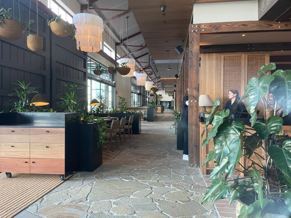 Interior view of 1 Hotel Melbourne featuring natural wood elements, plants, and modern decor.